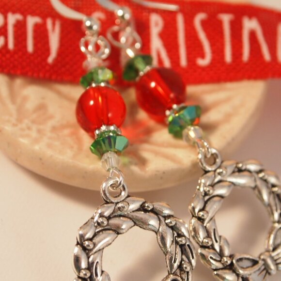 Christmas Wreath Earrings Dangle Pierced or Clip-on Earrings Silver Earrings - Picture 4 of 9